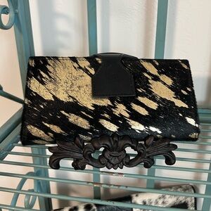 🎁Gold metallic Black Genuine Cowhide Leather Handmade womens Checkbook Wallet